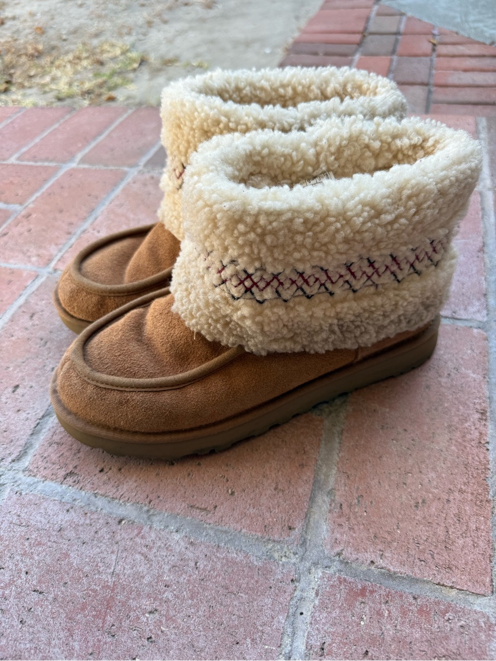 UGG Chestnut Suede Shearling-Lined Winter Boots with Cream Cuff